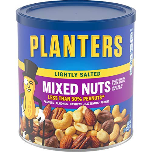 PLANTERS Lightly Salted Mixed Nuts 15 oz Canister - Less than 50 Peanuts Almonds Cashews Pecans Brazil Nuts Roasted in Peanut Oil - On-the-Go Snack and Movie Snack - Resealable Canister - Kosher PLANTERS Lightly Salted Mixed Nuts 15 oz Canister - Less than 50 Peanuts Almonds Cashews Pecans Brazil Nuts Roasted in Peanut Oil - On-the-Go Snack and Movie Snack - Resealable Canister - Kosher