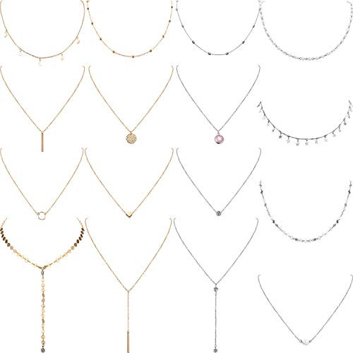 16 Pieces Layered Choker Necklace Adjustable Pendant Necklace Moon Sequins Choker Multilayer Chain Necklace Set for Women Girls Silver and Gold 16 Pieces Layered Choker Necklace Adjustable Pendant Necklace Moon Sequins Choker Multilayer Chain Necklace Set for Women Girls Silver and Gold