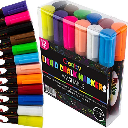 Liquid Chalkboard Window Chalk Markers -12 Pack Erasable Pens Great for Chalkboards  and  Glass - Non Toxic Safe  and  Easy to Use Washable Marker Neon Bright Vibrant Colors Pen for Kids and Adult