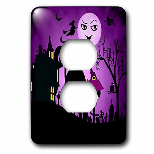 3dRose lsp-173233-6 Black Cat in a Witches Hat a Laughing Moon Purple and Black Halloween Light Switch Cover