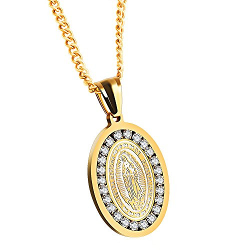 JAJAFOOK Oval Titanium Steel Religious Necklace Our Lady of Guadalupe Miraculous Medal Pendant Gold Tone