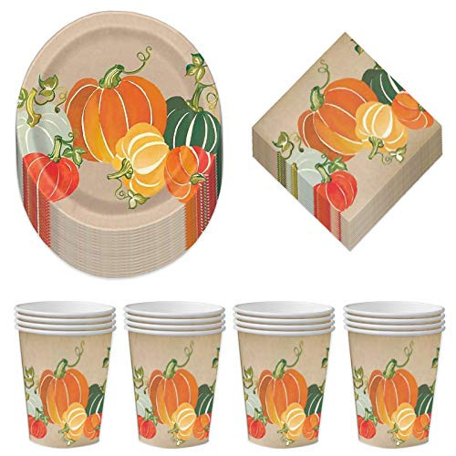 Colorful Fall Pumpkins Paper Dessert Plates Beverage Napkins and Beverage Cups Serves 16