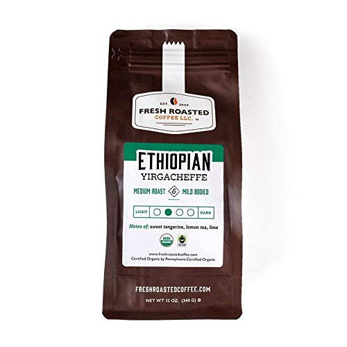 Fresh Roasted Coffee LLC Organic Ethiopian Yirgacheffe Coffee Medium Roast Whole Bean 12 Ounce Bag