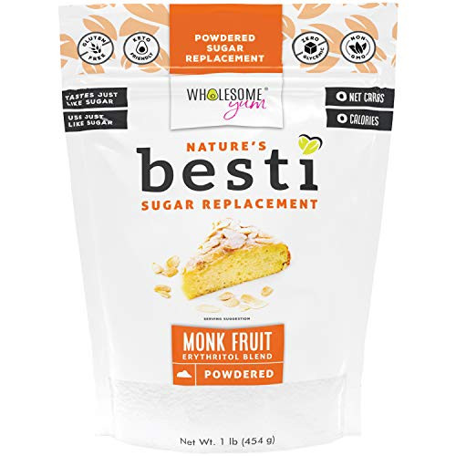 Wholesome Yum Besti 11 Natural Powdered Sugar Replacement - Keto Monk Fruit Sweetener With Erythritol 16 oz  1 lb - Non GMO Zero Carb Zero Calorie Confectioners Sugar Substitute