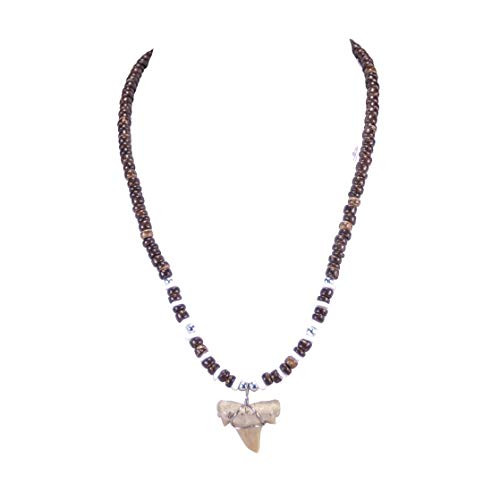 BlueRica Shark Tooth Pendant on Brown Coconut Beads and Puka Shell Beads Necklace 2S BlueRica Shark Tooth Pendant on Brown Coconut Beads and Puka Shell Beads Necklace 2S