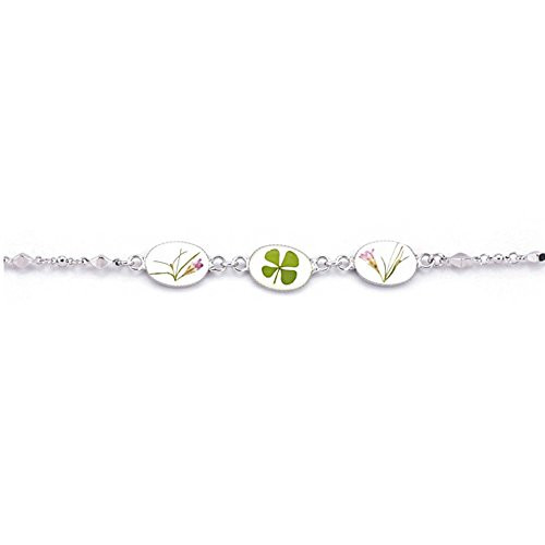 Stainless Steel Real Four 4 Leaf Clover Shamrock Pink Flowers Oval Charm Bracelet