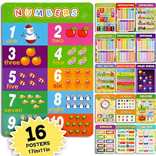 Ouboya 16 Pack Educational Posters for Toddlers Kids Preschool Learning Alphabet Colors Animals Shapes Numbers Laminated Posters Chart Set Kindergarten Nursery Kids Bedroom Wall Decorations