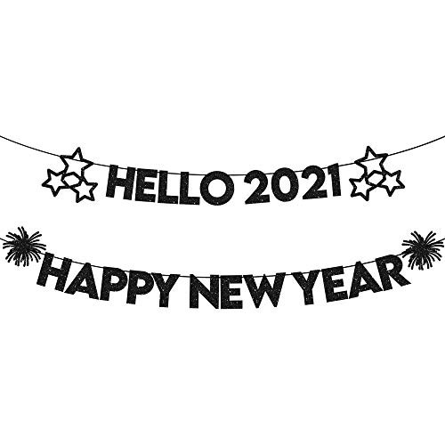 Hello 2021 Happy New Year Banner- Black Glitter 2 Strings  New Years Eve Party Supplies 2021  Happy New Year Sign  NYE decorations 2021  New Years Eve Banner For Happy New Year Decorations 2021