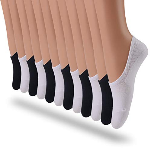 LAISOR Cotton No Show Sock Womens invisible Non Slip Flat Boat Liner Socks Pack of 3-12 12 Pairs- 6black6white