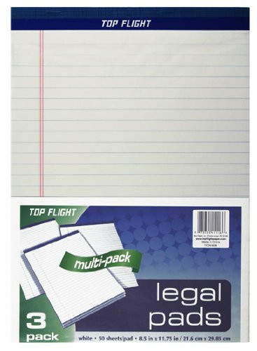 Top Flight Legal Pad, 8.5 x 11.75 Inches, .375 Inch Rule, White, 50 Sheets per Pad, 3 Pads per Pack (4513107)