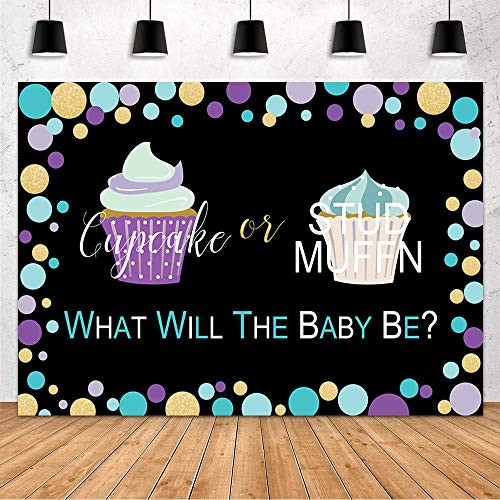 MEHOFOND Cupcake or Stud Muffin Gender Reveal Baby Shower Party Decoration Backdrop He or She What Will The Baby Be Photography Background Banner of Cake Table Photo Studio Props 7x5ft MEHOFOND Cupcake or Stud Muffin Gender Reveal Baby Shower Party Decoration Backdrop He or She What Will The Baby Be Photography Background Banner of Cake Table Photo Studio Props 7x5ft