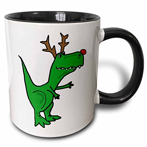 3dRose Funny T-Rex Dinosaur Dressed As Rudolph Reindeer Mug 11 oz BlackGreen
