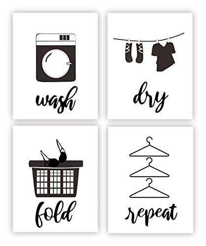 Laundry Quote Art Print Wash Dry Fold Repeat Laundry Room Sign Canvas Wall Art Set of 4 8X10 Laundry Room Bathroom Decor Unframed