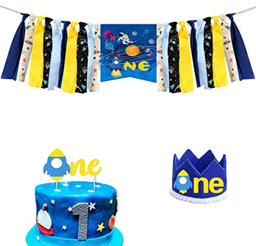 Outer Space 1st Birthday Party Decorations Outer Space and Rocket One Highchair Banner One Cake Topper with Crown for Baby Boy Girl 1st Birthday Party Sup
