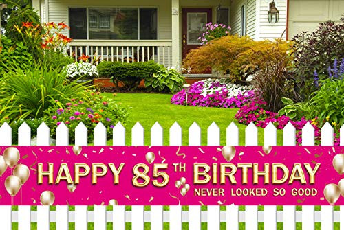 Large 85th Birthday Party Banner 85th Birthday Party Supplies Decorations for Both Outdoor Indoor 9_8 x 1_6ft Pink