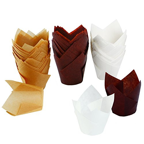 Resinta 150 Pieces Tulip Baking Paper Cups Cupcake Muffin Liners Wrappers, Brown, Natural and White