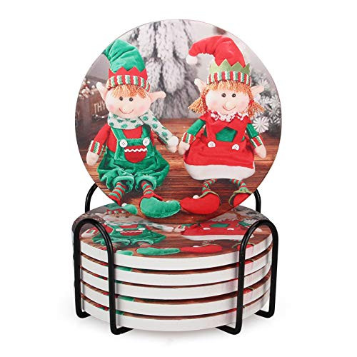 6 Pcs Christmas Coasters with Holder Absorbent Ceramic Coasters Round Table Coasters Cool Cup Coaster Gift Drink Coasters