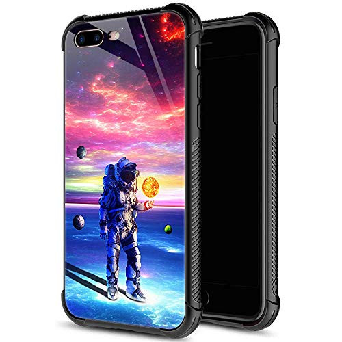 iPhone 8 Plus Case9H Tempered Glass iPhone 7 Plus Cases for Boys MenFunny Astronauts and Stars Pattern Shockproof Anti-Scratch Case for Apple iPhone 78 Plus 5_5 inch Stars Astronauts