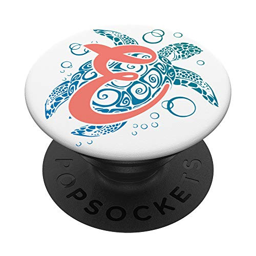 Cute Sea Turtle Teal Coral Initial Monogram Letter E Gift PopSockets Grip and Stand for Phones and Tablets