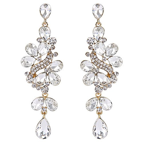 BriLove Wedding Bridal Dangle Earrings for Women Victorian Style Crystal Cluster Teardrop Leaves Dangle Earrings Clear Gold-Toned