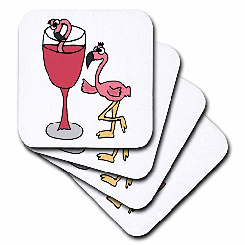 3dRose cst_196252_1 Funny Pink Flamingo Next to Red Wine Glass Soft Coasters, Set of 4