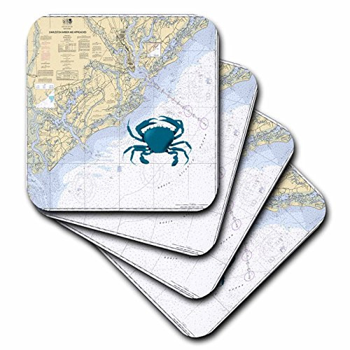 3dRose cst_204863_1 Print of Charleston Harbor Chart with Blue Crab Soft Coasters (Set of 4)