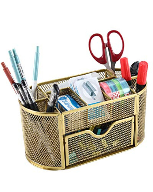 EasyPAG Mesh Desk Organizer Pencil Holder 9 Compartments with DrawerGold