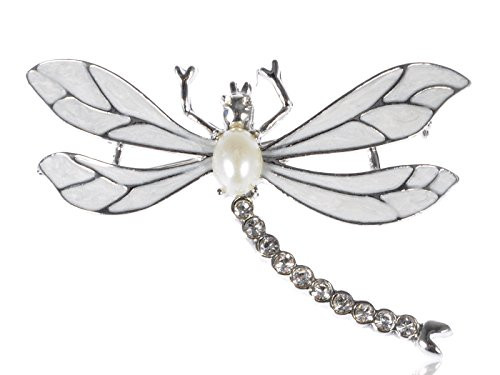 Alilang Womens Silvery Tone Faux Pearl Clear Rhinestones White Dragonfly Brooch Pin Alilang Womens Silvery Tone Faux Pearl Clear Rhinestones White Dragonfly Brooch Pin