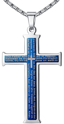 Aoiy Mens Stainless Steel Lords Prayer Cross Pendant Necklace Dark Blue Color 23 Chain ddp022la
