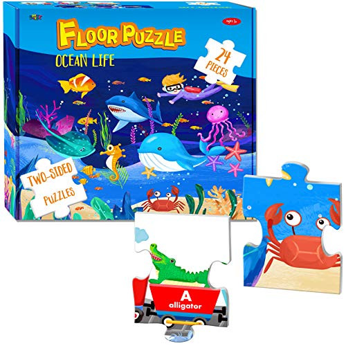 24 Pieces Double-Sided Floor Jigsaw Puzzle2 Themes Ocean Sea Life World and Alphabet Train for Preschool Early Learning 18 X 24