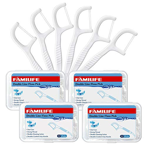 FAMILIFE Dental Floss Picks Double Line Flossers 200 Count Unwaxed Flossing Thinner and Tougher Unflavored Threader Flosser with 4 Travel Cases