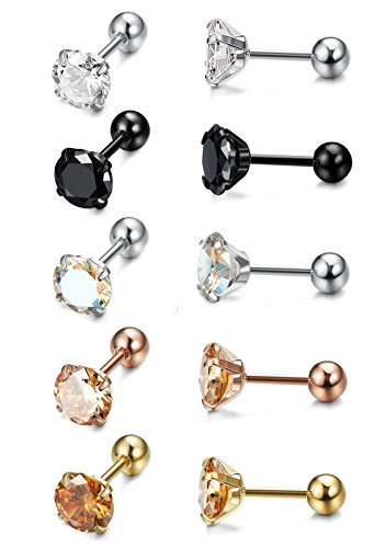 ORAZIO 5 Pairs 18G Stainless Steel Ear Stud Piercing Tragus Barbell Studs Earrings CZ Inlaid 4-8MM 5 PairsStone Diameter8mmBar Length8mm