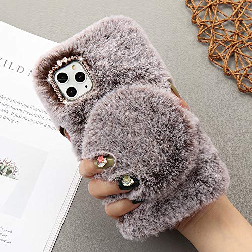 for iPhone 11 Pro Case Soft Plush Case with Detachable Makeup Mirror Warm Cute Cover for Girls Women Luxury Bling Crystal Rhinestone Winter Fuzzy Fluffy Furry Case for iPhone 11 Pro Brown