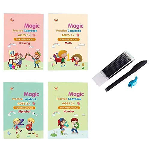 4 Packs Books Reusable Copybook with Magical Pen The Writing Will Disappear - Magic Practice Copybook - Alphabet - Number - Math - Drawing - Learning for Kid 4 Books and Pen