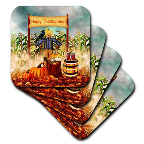 3dRose CST_220606_2 Digital Art Thanksgiving Scarecrow Along with Fall Harvest Veggies Soft Coasters, (Set of 8)