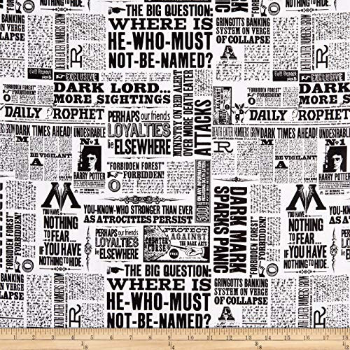 Camelot Fabrics Camelot Wizarding World HP Newsprint Fabric 1 White Fabric by the Yard