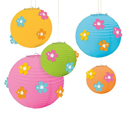 Amscan Sun-Sational Summer Luau Round Lanterns with Hibiscus Add-Ons (5 Pack), Multi Color, 12 x 11