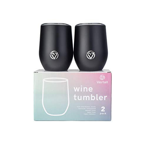 Vertall Stainless Steel Stemless Wine Glass Tumblers BPA Free Double Wall Vacuum Insulated for Hot or Cold Beverages with Lid 12oz 2-pack Black
