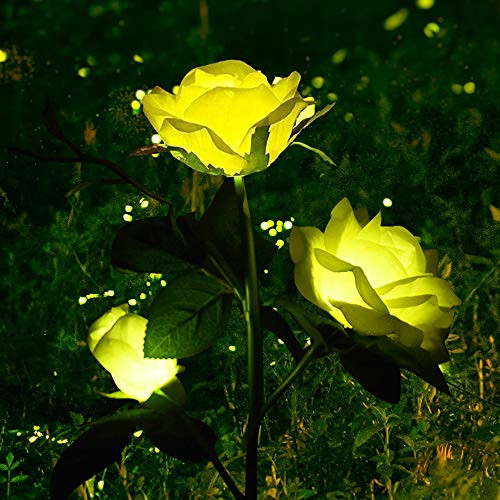 Rose Solar Flower Stake Lights Waterproof Solar Garden Lights Outdoor Christmas Stake Lights for Garden Yard Christmas Pathway Grave Decor Yellow Rose Flower