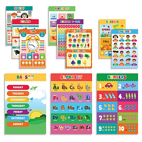 EDUCATES Educational Preschool Poster for Toddler and Kid for Nursery Homeschool Kindergarten Classroom - Teach Numbers Alphabet Colors Days and More 16_5 x 11_2 Inch 11 Pieces with 100 Point Dot