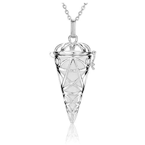 PESOENTH Reiki Healing Clear Quartz Crystal Stone Necklace Hexagonal Prism Pointed Gemstone Pendulum for Dowsing Divination Silver Locket Pendant Necklace 24 Chain
