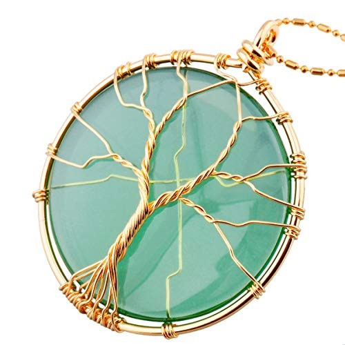 Nupuyai Tree of Life Stone Pendant Necklace for Women Men Wire Wrapped Round Healing Crystals Jewelry Green Crystal Glass