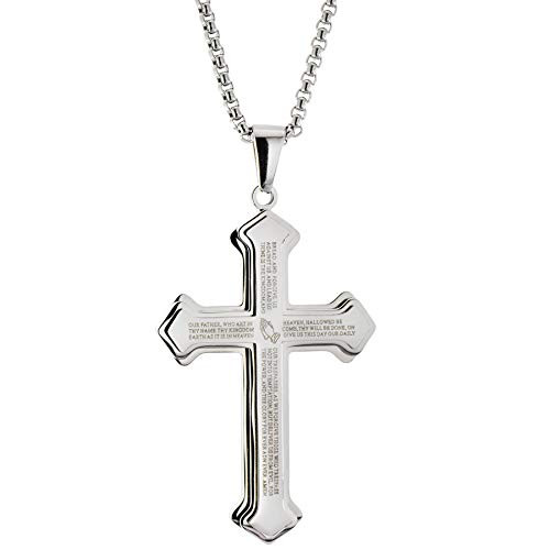 Corner Boss Lords Prayer Vintage Cross Necklace Stainless Steel Christian Faith Pendant with 23inch Chain Silver