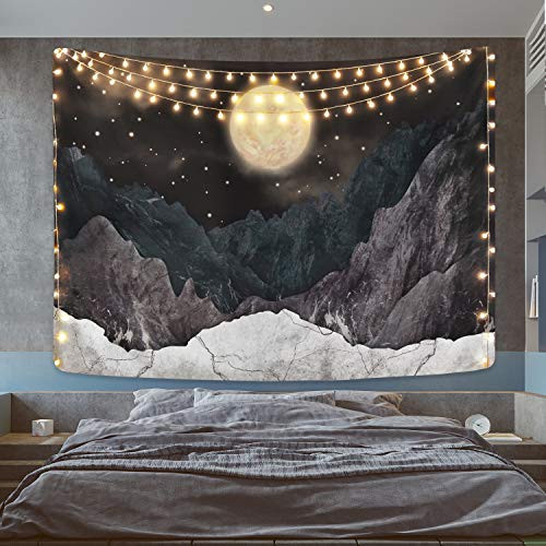 Mountain Tapestry Moon Stars Tapestry Starry Night Sky Tapestries Nature Wall Tapestrys Black Mountain Tapestry Wall Hanging for Room51_2 x 59_1 inches