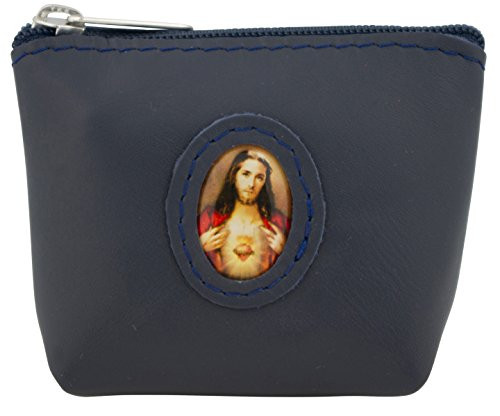 Venerare Italian Leather Rosary Pouch Case Blue Sacred Heart of Jesus