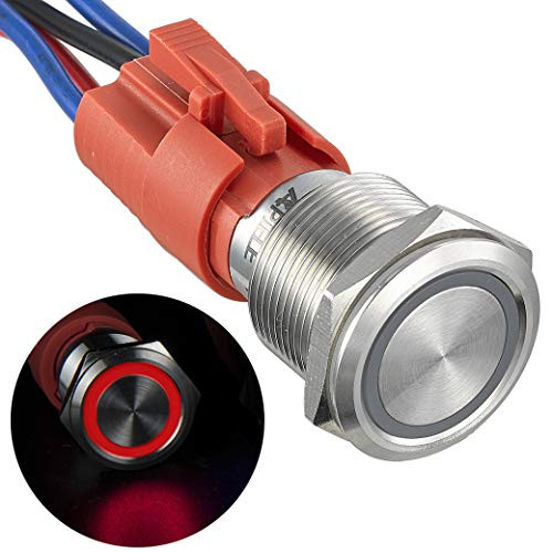 APIELE 19mm Latching Push Button Switch 10A 12V LED Waterproof Stainless Steel Round Self-Locking 1NO ContactRed 19mm