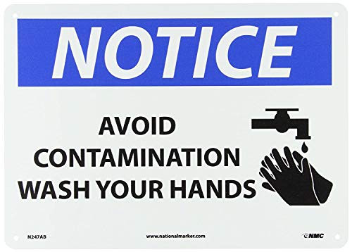 NMC N247PB OSHA Sign Legend NOTICE - AVOID CONTAMINATION WASH YOUR HANDS with Graphic 14 Length x 10 Height Pressure Sensitive Vinyl BlackBlue on White NMC N247PB OSHA Sign Legend NOTICE - AVOID CONTAMINATION WASH YOUR HANDS with Graphic 14 Length x 10 Height Pressure Sensitive Vinyl BlackBlue on White