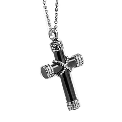 MEMORIALU Cremation Cross Urn Necklaces For Ashes Stainless Steel Keepsake Memorial Ash Pendant Necklace Black