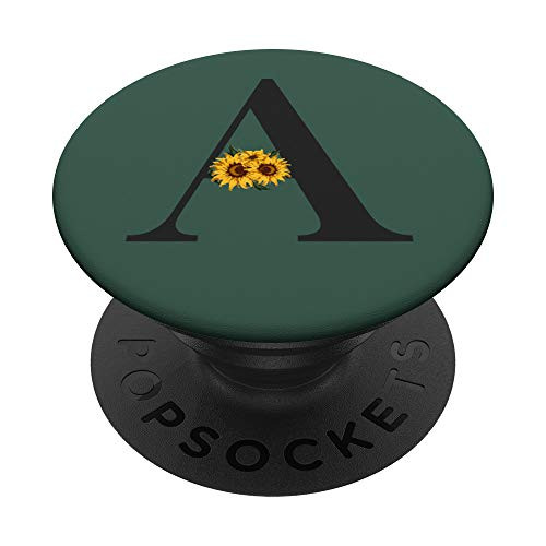 Hunter Green Monogram Letter A Yellow Sunflower Floral Black PopSockets PopGrip Swappable Grip for Phones  and  Tablets