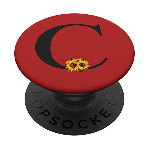 Brick Red Monogram Letter C Yellow Sunflower Floral Black PopSockets PopGrip Swappable Grip for Phones  and  Tablets
